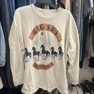 Free People Cream Long Sleeve Tee with Horse Print